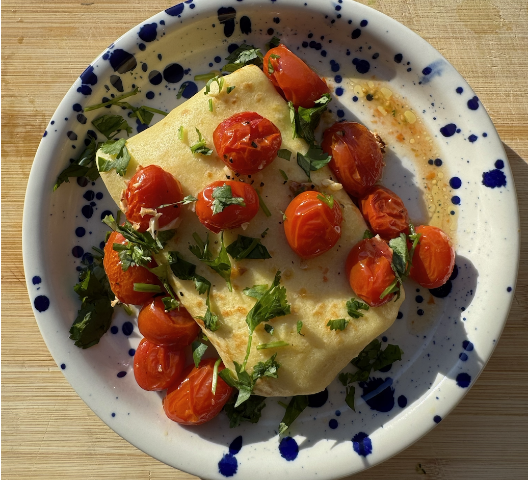Savory Crepe Breakfast Burritos with Jalapeño Mayo & Burst Cherry Tomatoes