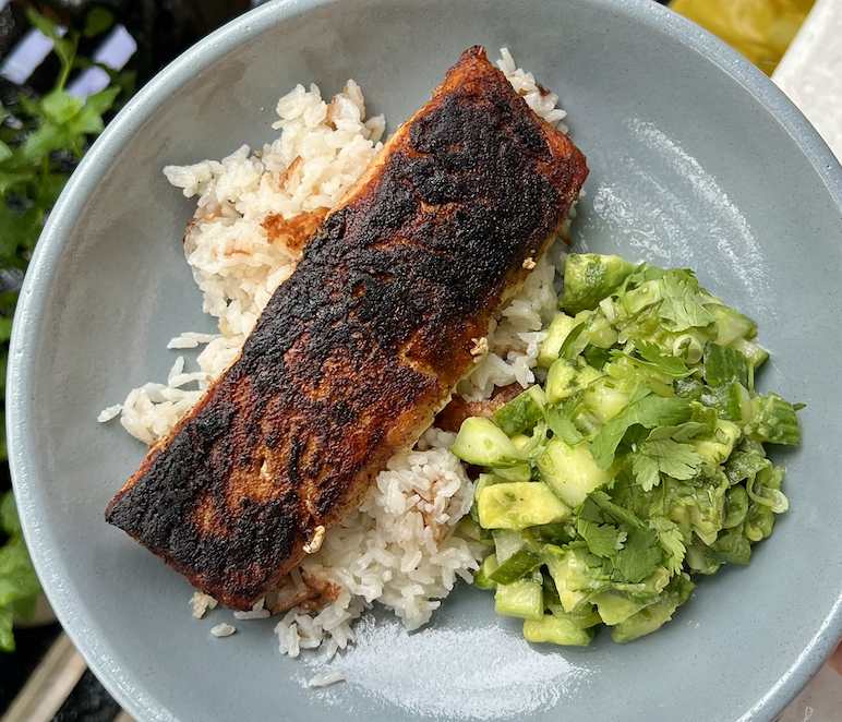 Seared Salmon with Coconut Rice & Cucumber Avocado Salad