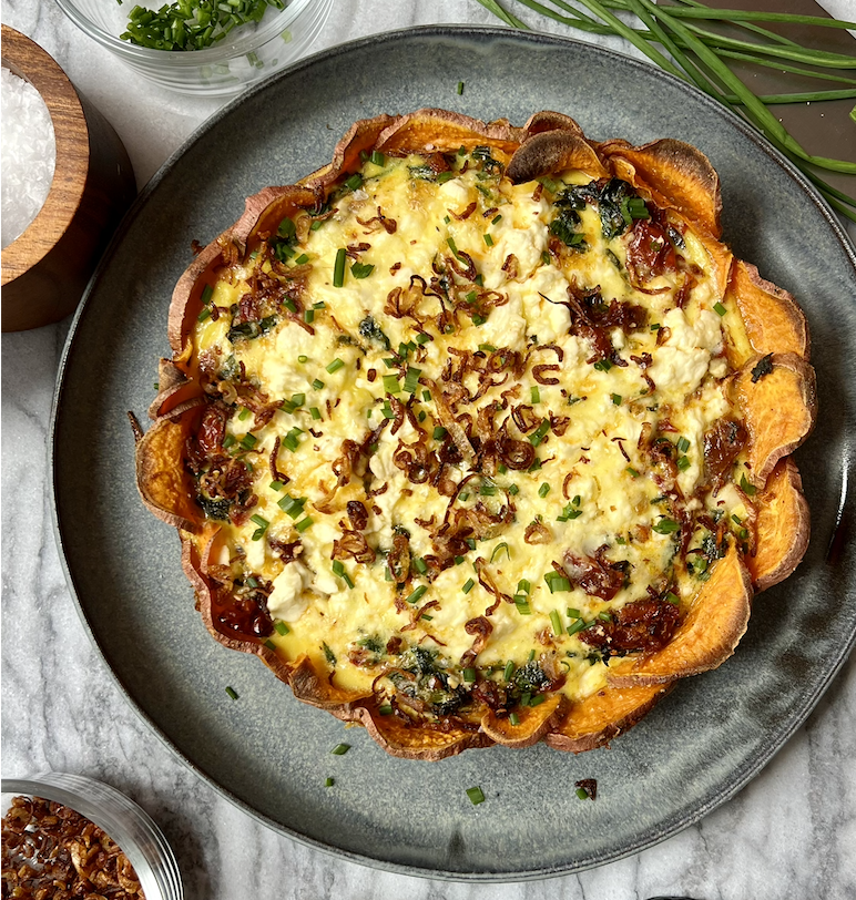 Sweet Potato Crust Quiche with Spinach & Sun-Dried Tomatoes