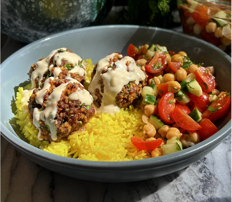 Chef Elliette’s Beef Kofta-Inspired Meatballs with Yellow Rice and Chickpea Salad
