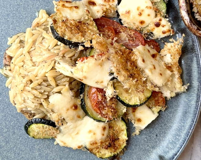 Tuscan Chicken with Lemony Tomato & Zucchini Orzo
